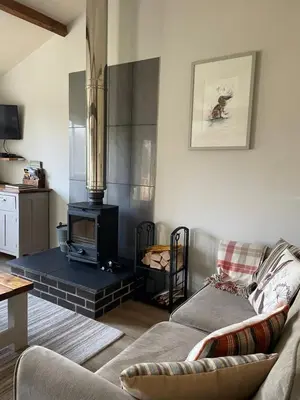 a living room with a couch and a fireplace at Leverets - Squirrel Lane Lodges Ludlow in Ludlow