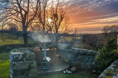 a stone wall with a grill in a yard at Nant in Dyffryn