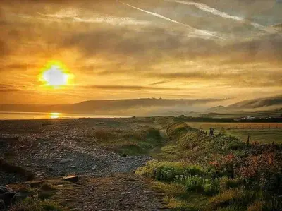 a sunset over a field with a dirt road at Cosy Cottage in Aberaeron