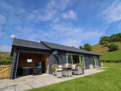 a detached house with a patio and a barbecue at Dol Blodau in Llandrindod Wells