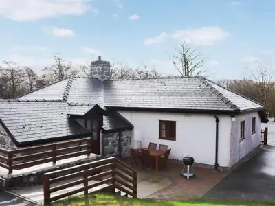 a white house with a roof with a patio at Glanllyn Lodge in Llanuwchllyn