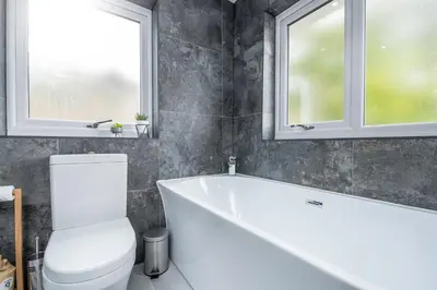 a bathroom with a tub and a toilet and two windows at Llwynblyfyn in Llandeilo
