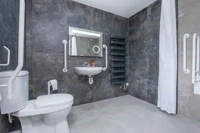a bathroom with a toilet and a sink at Llwynblyfyn in Llandeilo
