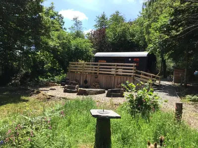 a bird bath in the grass next to a trailer at Fronfetyn in Aberystwyth