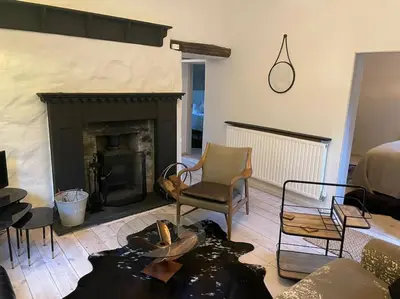 a living room with a fireplace and a chair at Glandwr Lodge, 3 bed in Barmouth, Wales in Barmouth