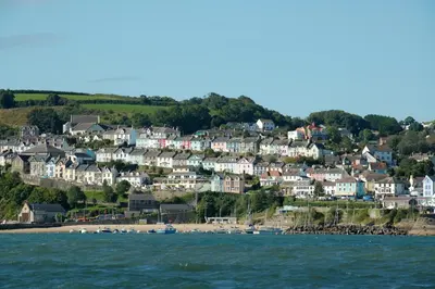 a group of houses on a hill next to the water at Min y Graig New Quay in New Quay