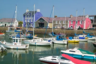 a group of boats docked in a harbor with houses at Swn y Mor Aberaeron in Aberaeron