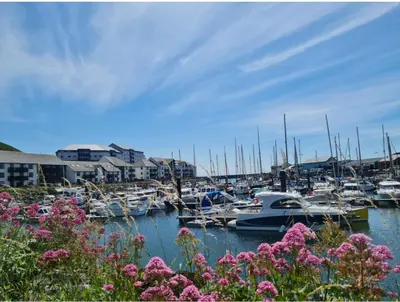 a bunch of boats docked in a marina with flowers at Experience Coastal Bliss in Our Modern 2019 Sea Viev 2 Bedroom static caravan at Clarach Bay Holiday Village! in Aberystwyth