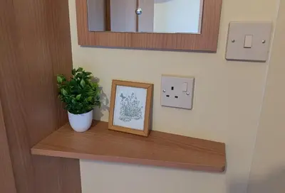 a shelf with a plant and a picture on it at The fox den in Rhos-gôch