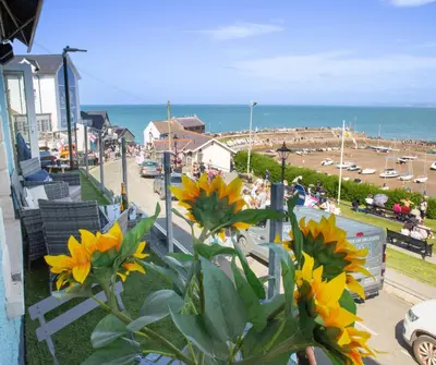 a view of the beach from a balcony with flowers at No. 1 Cliffside New Quay in New Quay