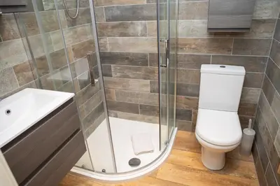 a bathroom with a shower and a toilet and a sink at No. 1 Cliffside New Quay in New Quay