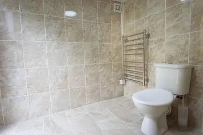 a bathroom with a toilet and a tiled wall at Ellesmere New Quay in New Quay