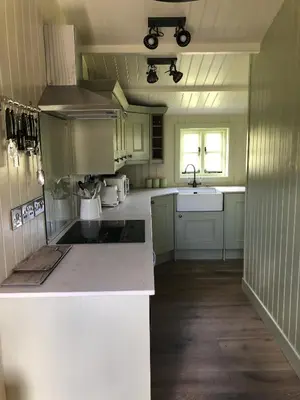 a kitchen with green cabinets and a sink at Cabin in the hills near Dolgellau in Dolgellau