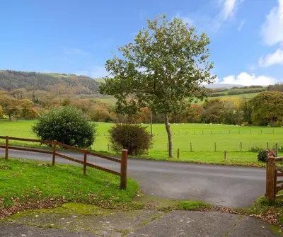 a road with a fence and a tree on a field at Soar Cottage Aberystwyth in Aberystwyth