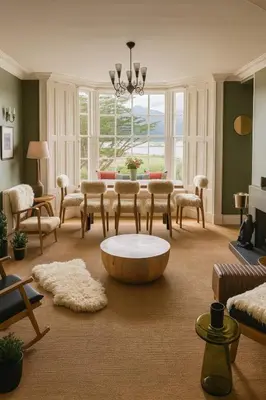 a living room with a table and chairs at Glandwr hall - 6 Bed - Magnificent Country House with Heated Swimming Pool & Jacuzzi in Barmouth