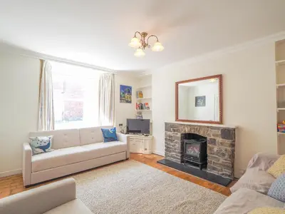 a living room with a couch and a fireplace at Glenydd New Quay in New Quay