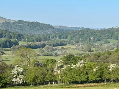 a view of a valley with trees and hills at Llanerch in Bala