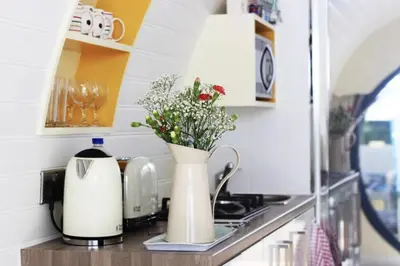 a kitchen counter with a vase with flowers in it at The Kingfishers Burrow in Llandovery