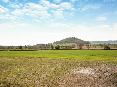 a field of grass with a mountain in the background at Nupton Hop Kiln in Kings Pyon