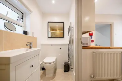 a bathroom with a toilet and a sink and a mirror at Ground Floor Sea View Apartment in Aberdyfi