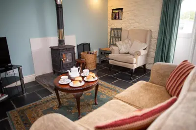 a living room with a wood stove in a room at The Coach House New Quay in Cross Inn