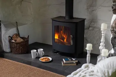 a fireplace with a plate of food and two cups at Pen-Y-Bryn Cottage in Blaenau-Ffestiniog