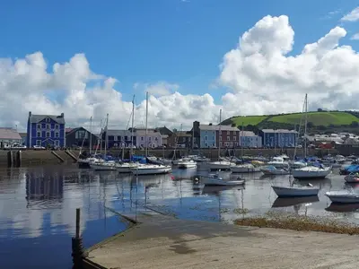 a group of boats are docked in a harbor at Nant Meigan, Georgian Townhouse in centre of Aberaeron, dog friendly in Aberaeron