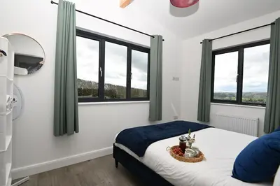 a bedroom with a bed and two windows at Cae Dafadd in Newtown