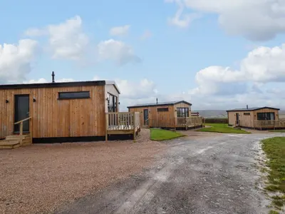 a row of wooden huts on a dirt road at Cae Pren in Newtown