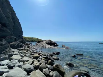 a group of rocks on a beach near the water at Quirky Cottage with Private Garden Nr New Quay Cardigan Bay in Llandysul