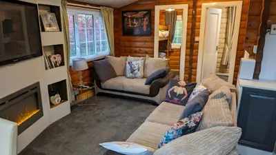 a living room with two couches and a fireplace at Snowdonia Log Cabin 2 in Trawsfynydd