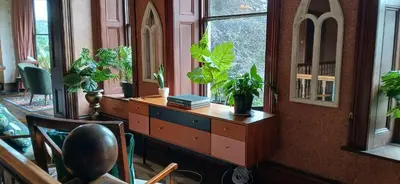 a room with a dresser with plants on it at Amazing Cader views Torrent en suite in Dolgellau