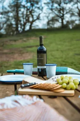 a bottle of wine sitting on a table with grapes at Cyra in Llangollen