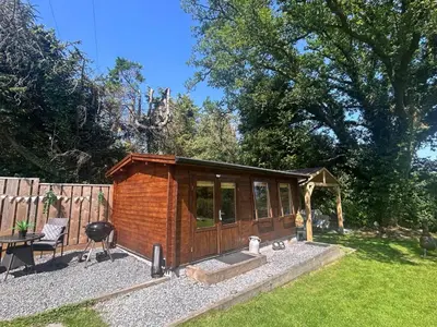 a small wooden cabin with a table and a grill at 1 Bed in Cilycwm oc-t29297 in Cilycwm