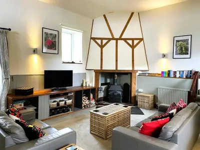 a living room with a couch and a fireplace at Horseshoe Cottage Aberaeron in Ciliau-Aeron