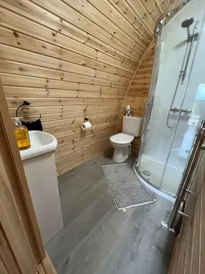 a wooden bathroom with a shower and a toilet at The Pod Patch - Bryn Pod in Bishops Castle