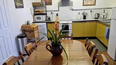 a kitchen with a wooden table with a vase on it at Swn y nant Barmouth road A496 Llanelltyd in Penmaenpool