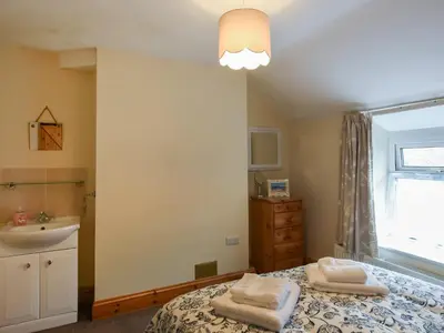a bedroom with a bed and a sink and a window at Llys Dedwydd in Dolgellau