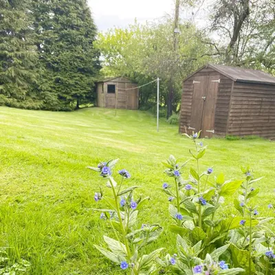 a field with two sheds and some flowers in the grass at Llynhillyn Cottage in Presteigne