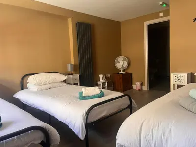 a room with two twin beds and a fan at Tumbledown Hotel in Shrewsbury