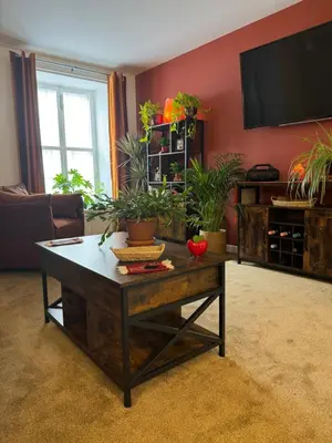a living room with a coffee table with potted plants at The Bear Apartments in Llandovery
