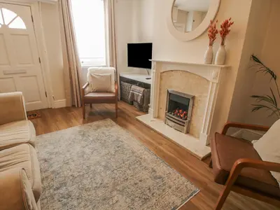 a living room with a fireplace and a television at Riverbank in Shrewsbury