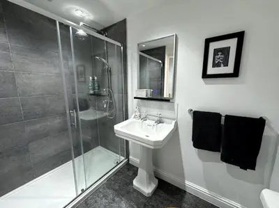 a bathroom with a shower and a sink and a mirror at Penny Red apartment in Kington in Kington