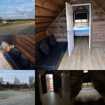 a collage of four pictures of a tiny house at Weston glamping pod in Oswestry