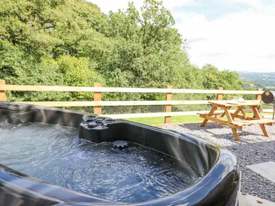 a bath tub filled with water next to a picnic table at Shepherd's Cwtch in Llandovery