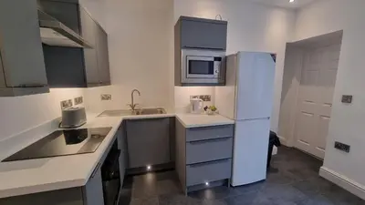 a kitchen with a refrigerator and a sink at Abergwaun APT 1 in Aberystwyth