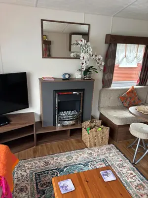 a living room with a fireplace and a couch at Stunning Pet Friendly 2 bed StaticCaravan in Clarach Bay 2017 model in Aberystwyth