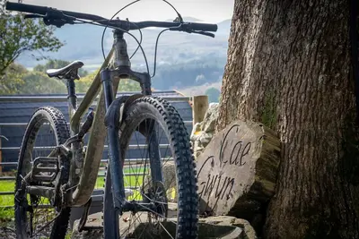 a bike parked next to a tree at MTB Jumps View Pod in Trawsfynydd