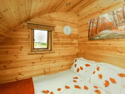 a log cabin bedroom with a bed and a clock at Oak View in Llangadog