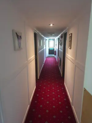 a long hallway with a red carpet in a building at The Royal Oak Inn, Rhandirmwyn in Rhandirmwyn